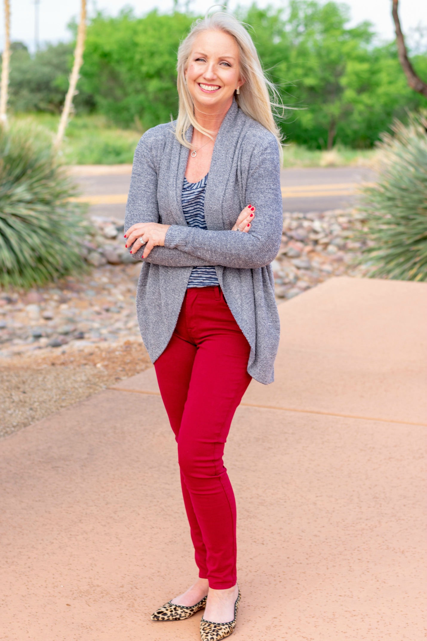 cranberry colored jeans and circle cardigan