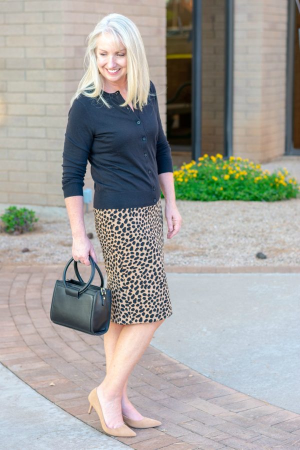 Cheetah Print Skirt and Cardigan for Speaking Engagement - Dressed for ...