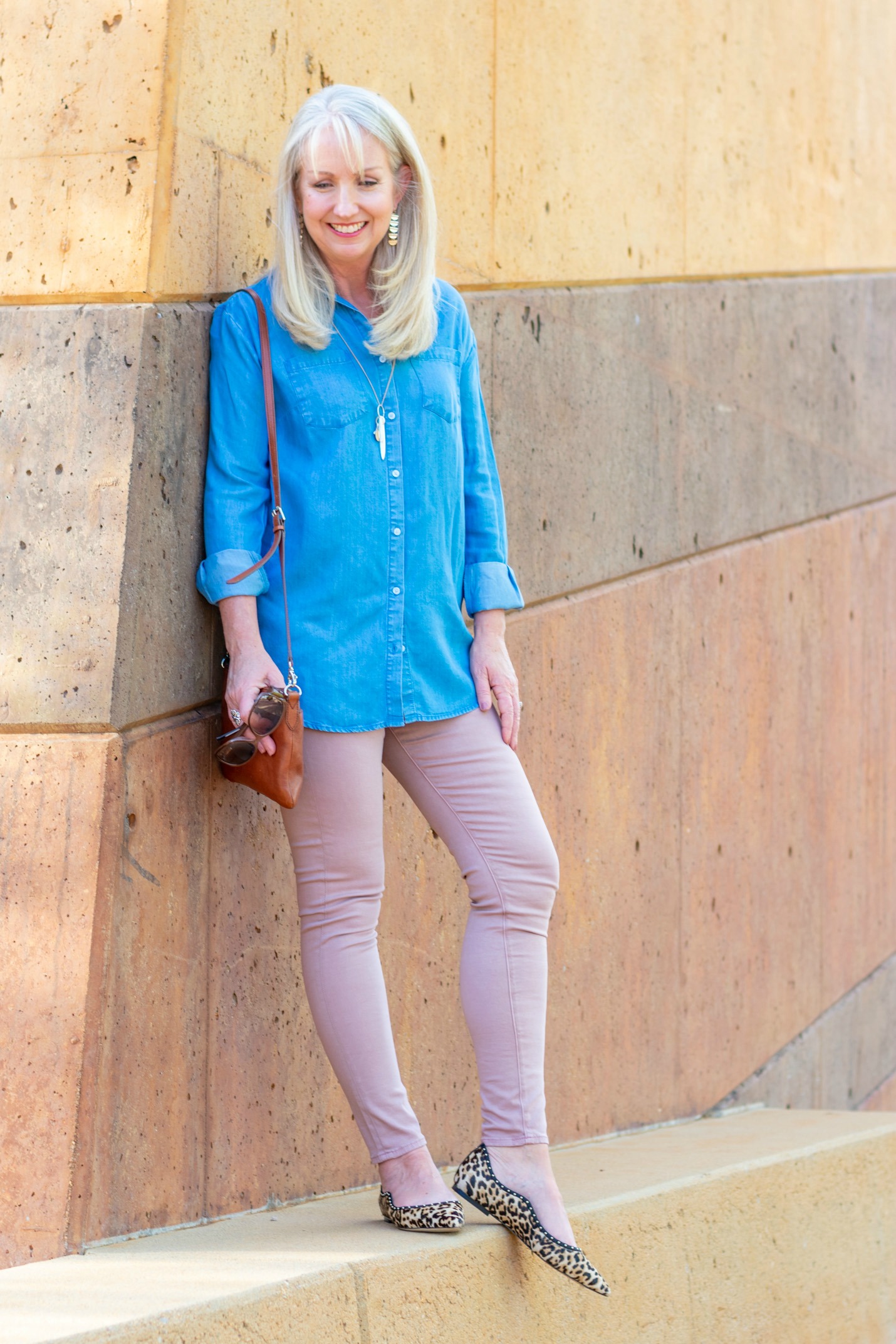 Pale Pink Jeans with Denim Shirt