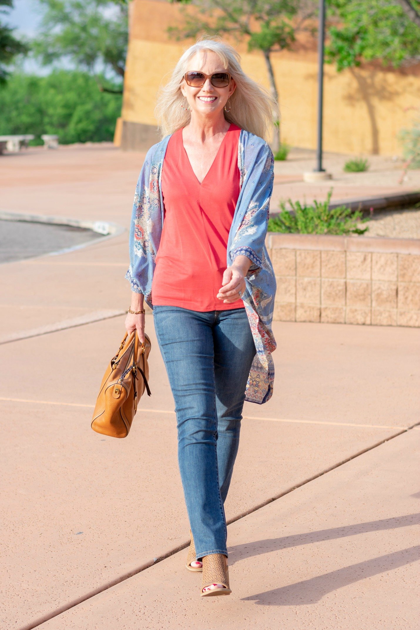kimono and jeans to transition into fall 