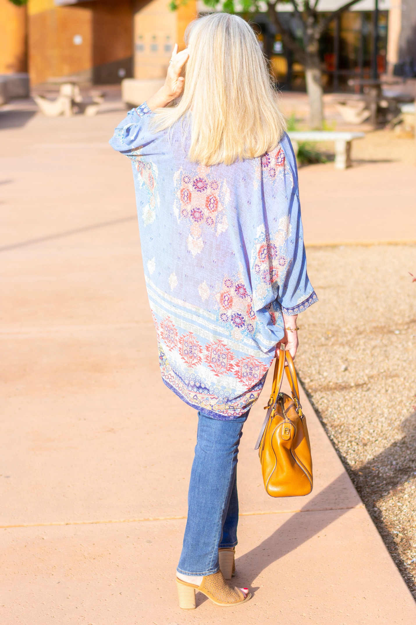 kimono and jeans to transition into fall 