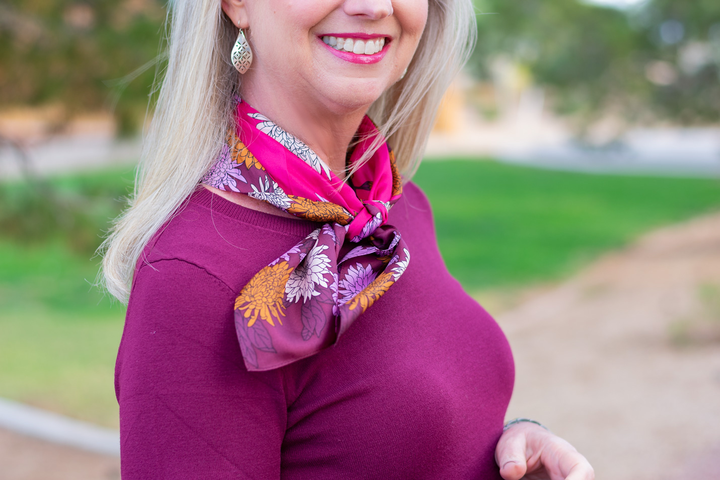 A Floral Silk Scarf with Classic Workwear 