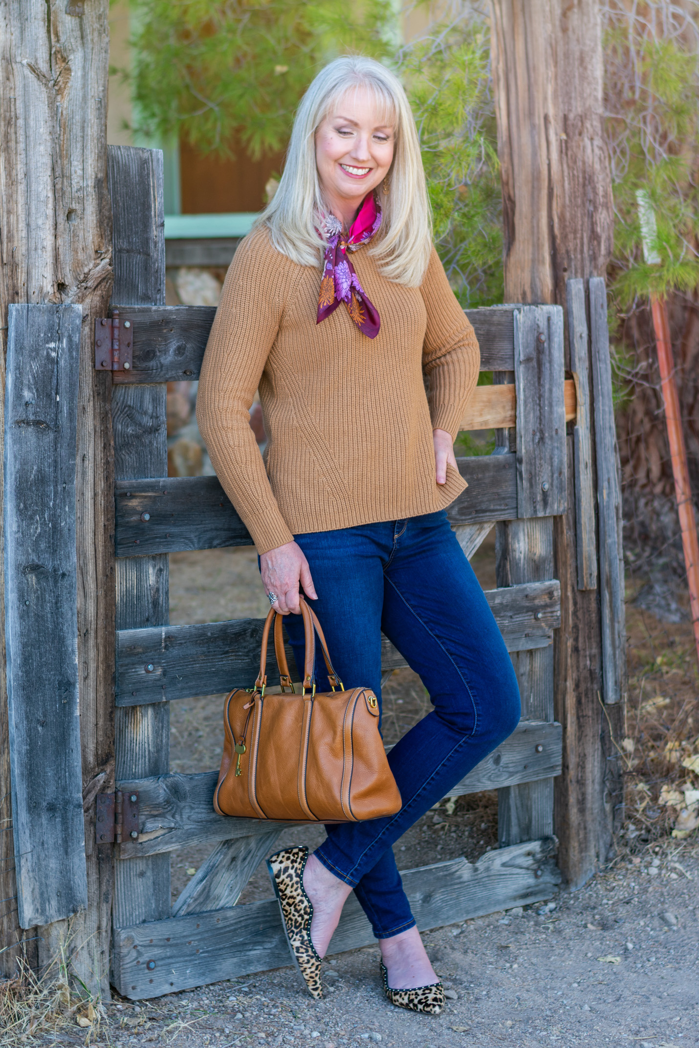 Caramel Pullover and Silk Floral Scarf