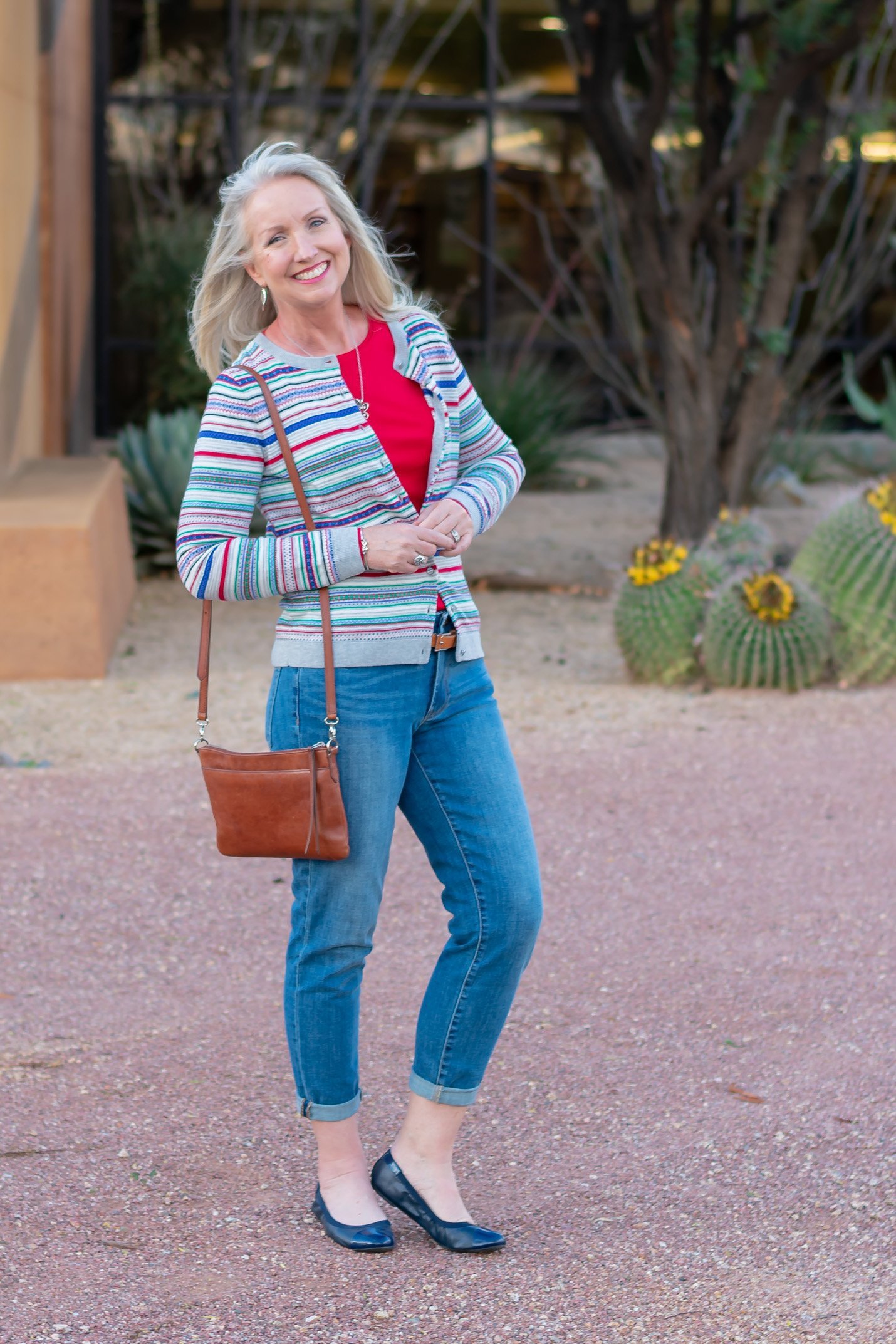 Colorful Striped Cardigan and Girlfriend Jeans