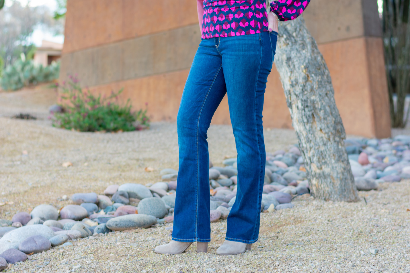 Ruched Wrap Top + Bootcut Jeans