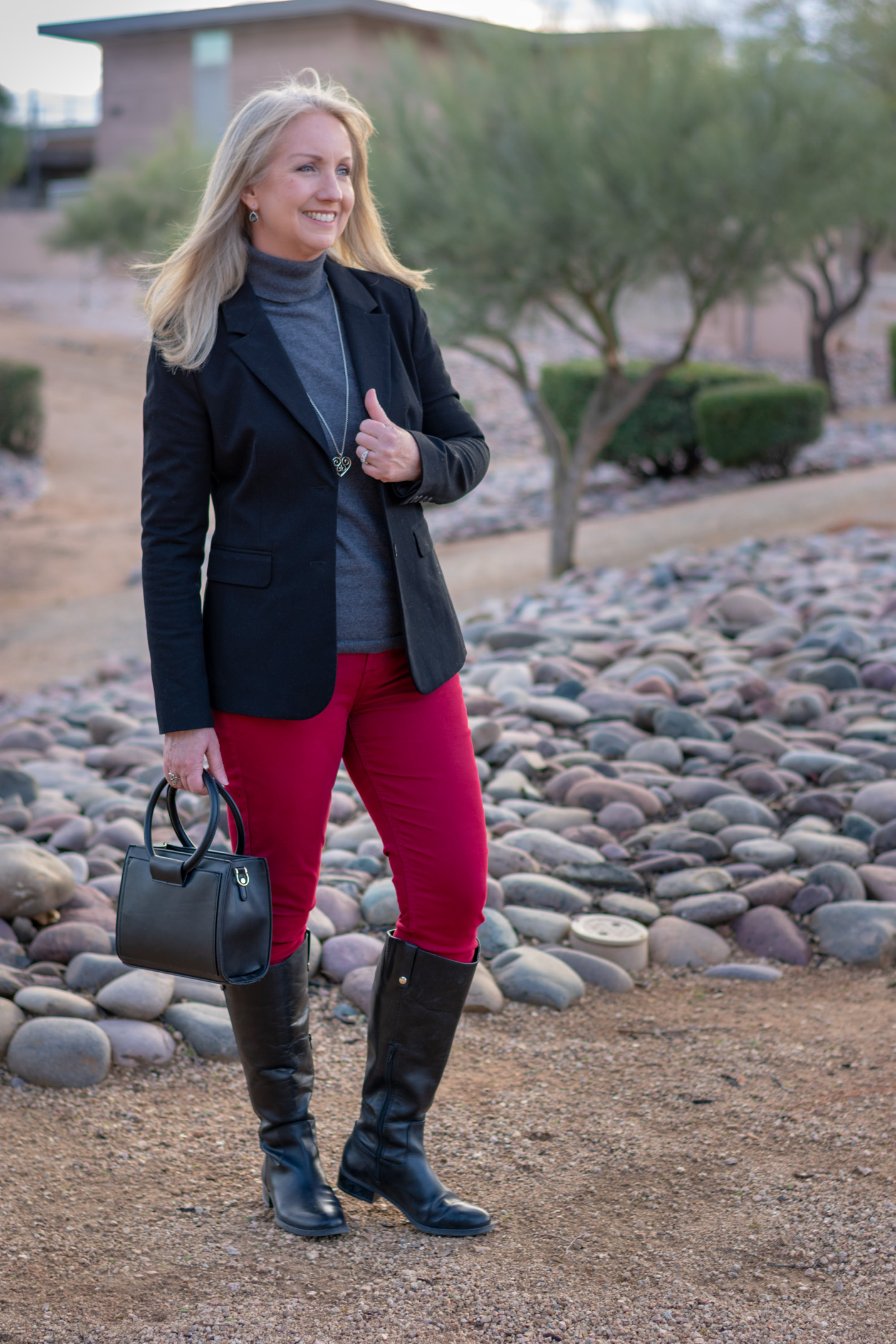 Black Blazer with Cranberry jeans and boots