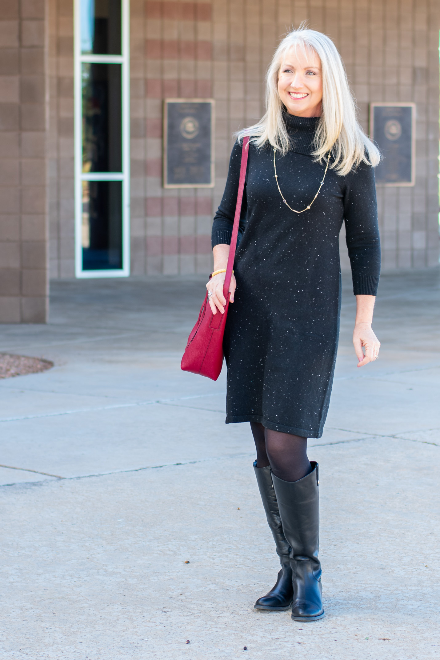 black riding boots with a dress