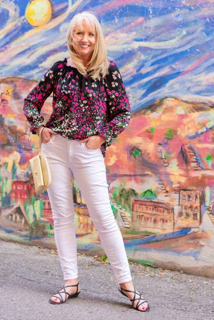 Black Floral Blouse with White Jeans