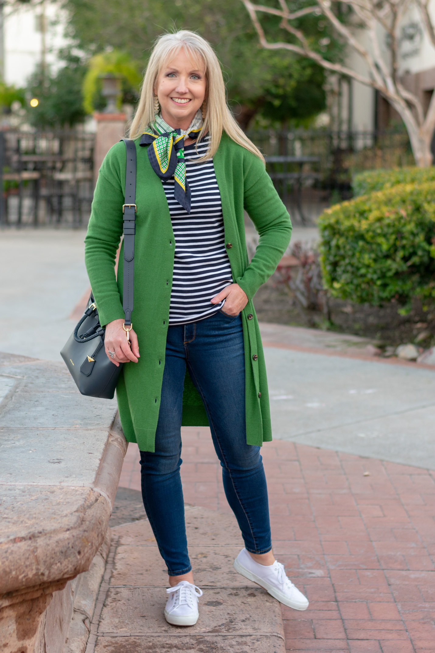 Green Cardigan with Jeans and Striped Tee