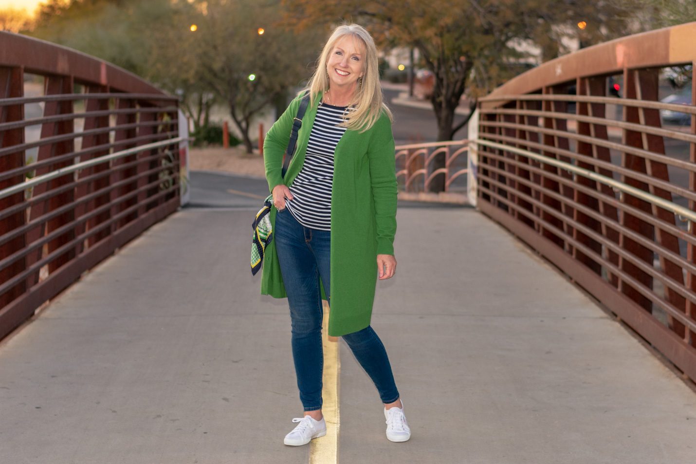 Green Cardigan with Jeans and Striped Tee