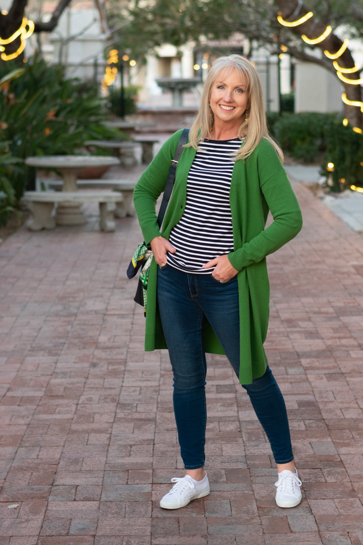 Green Cardigan with Jeans and Striped Tee 09