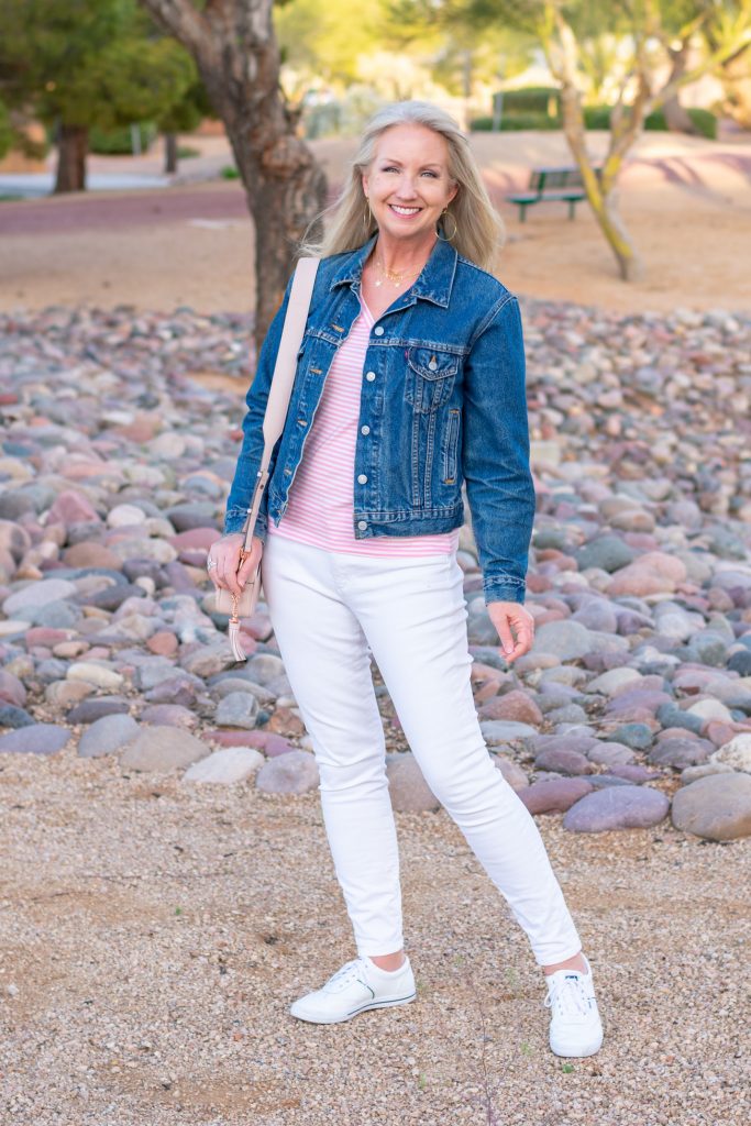 Denim Jacket with White Jeans + Tee