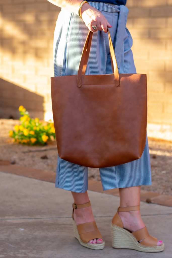 leather tote and wedge sandals