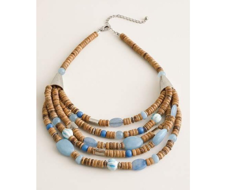 blue and neutral multi strand necklace