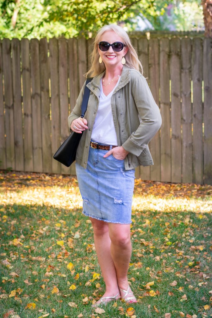 Transition into Fall with a White Tee and Denim Skirt