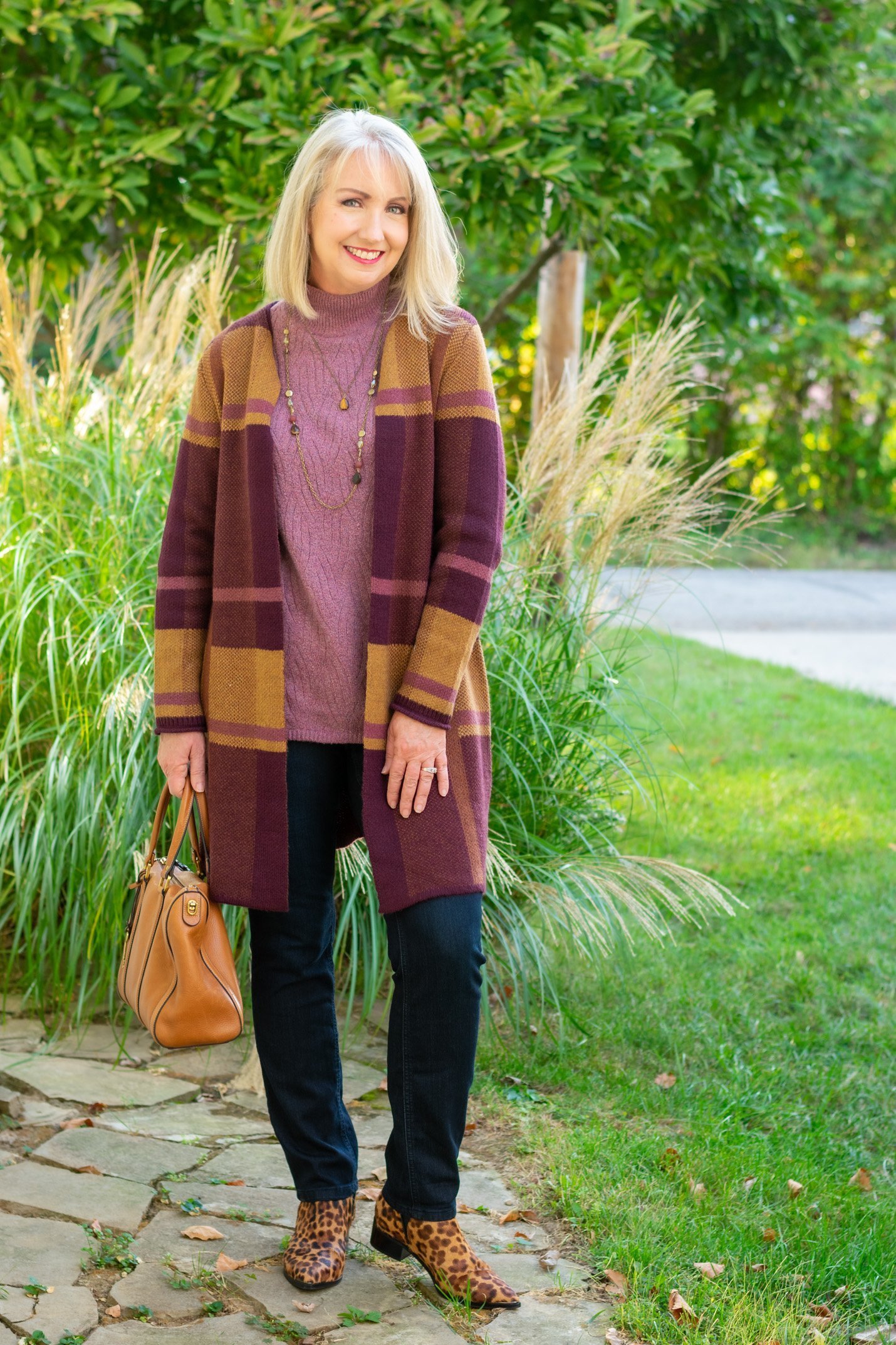 Mauve Pullover Sweater with Jeans and Coatigan
