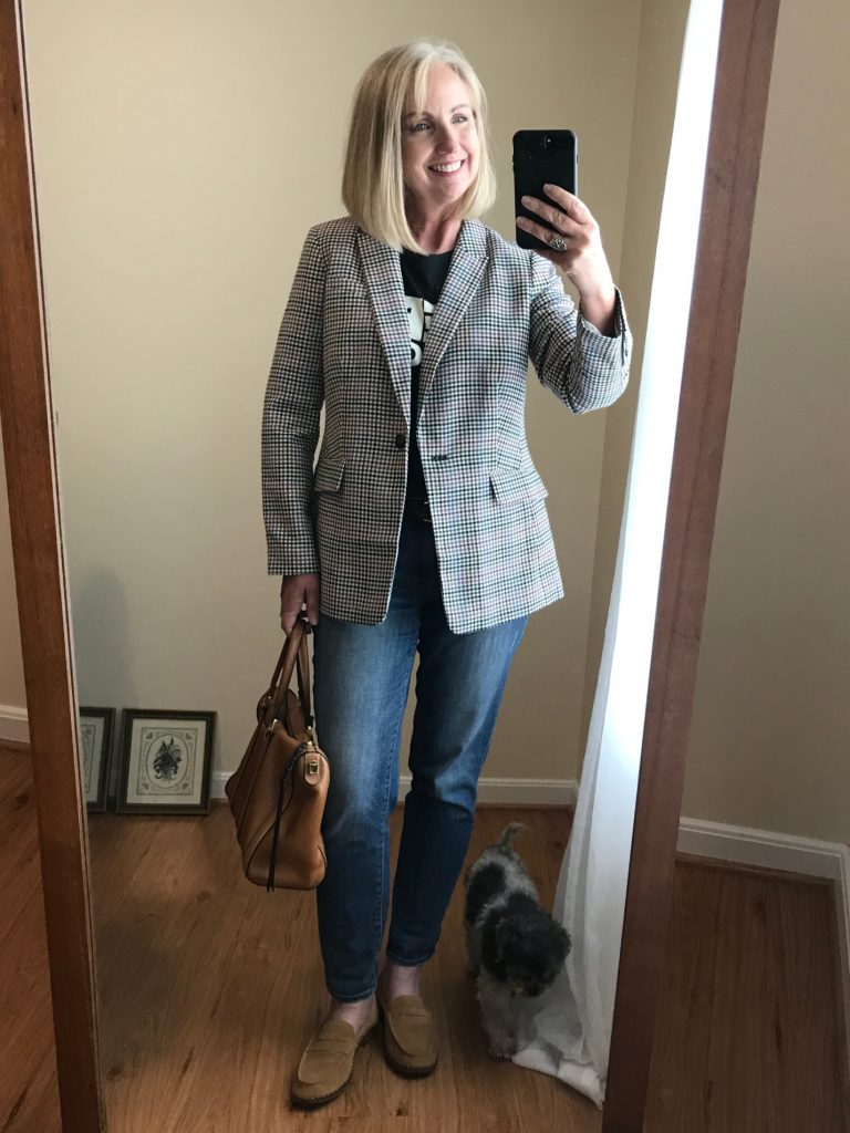 plaid jacket and jeans