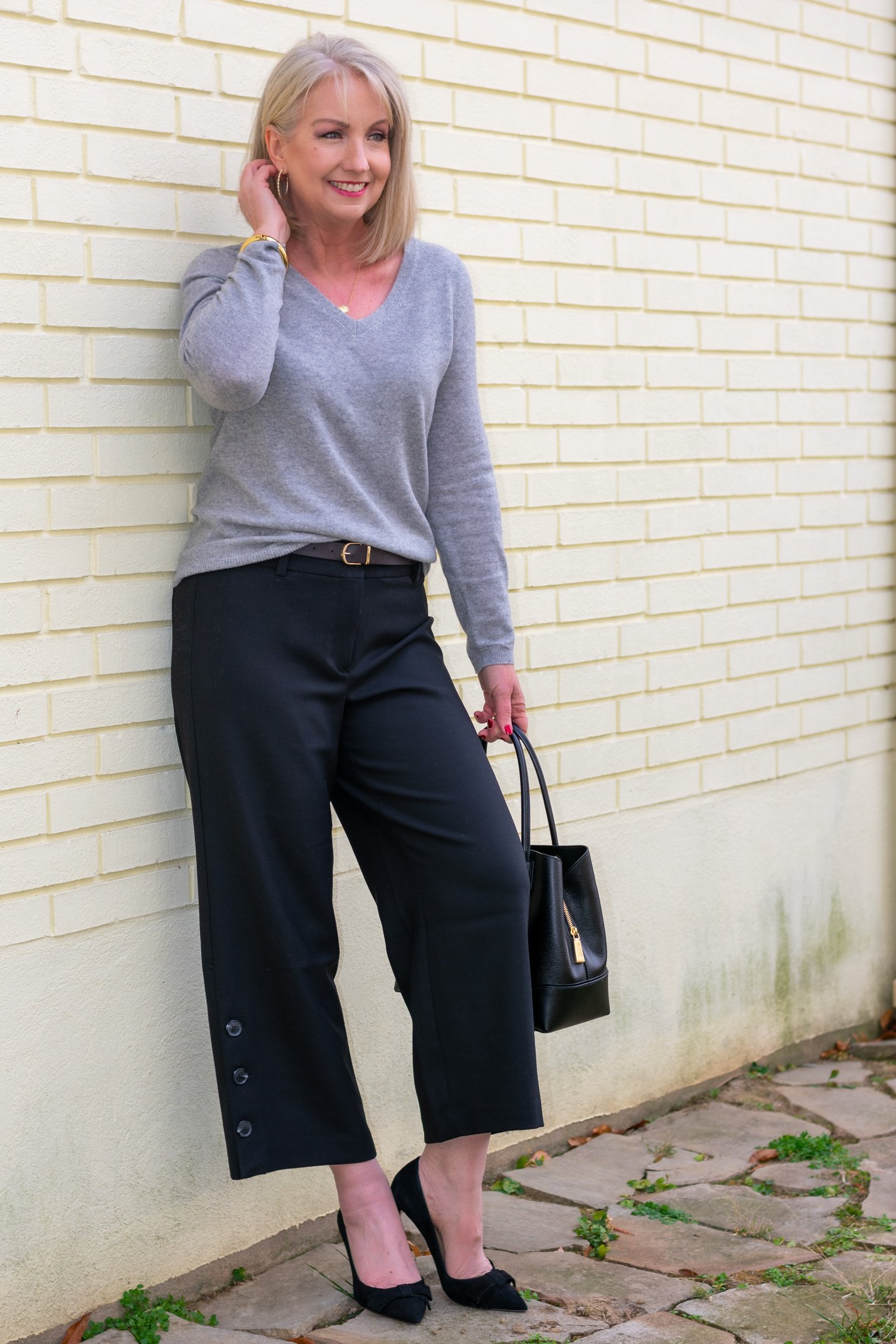 Black Cropped Pants and Grey Sweater