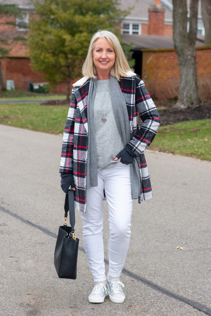 White and Grey with Plaid Coat