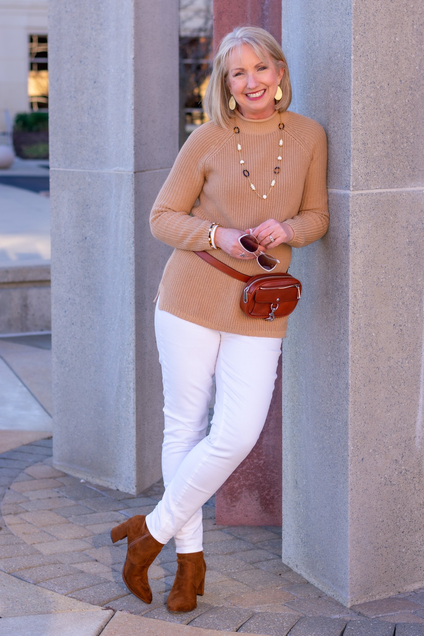White Jeans and Camel Sweater