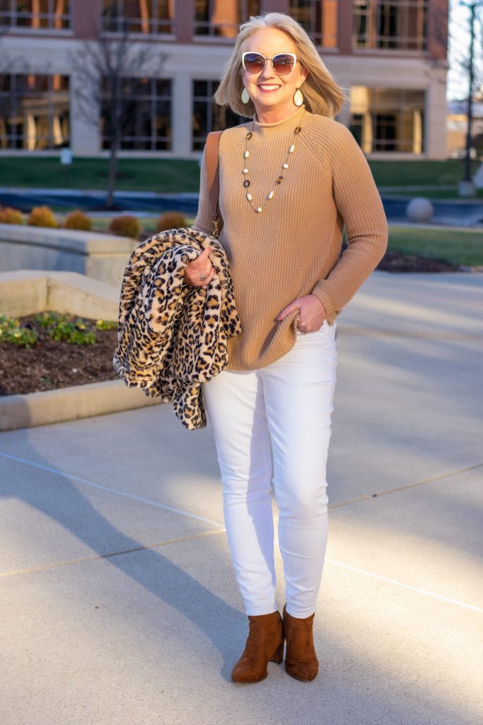 White Jeans and Camel Sweater