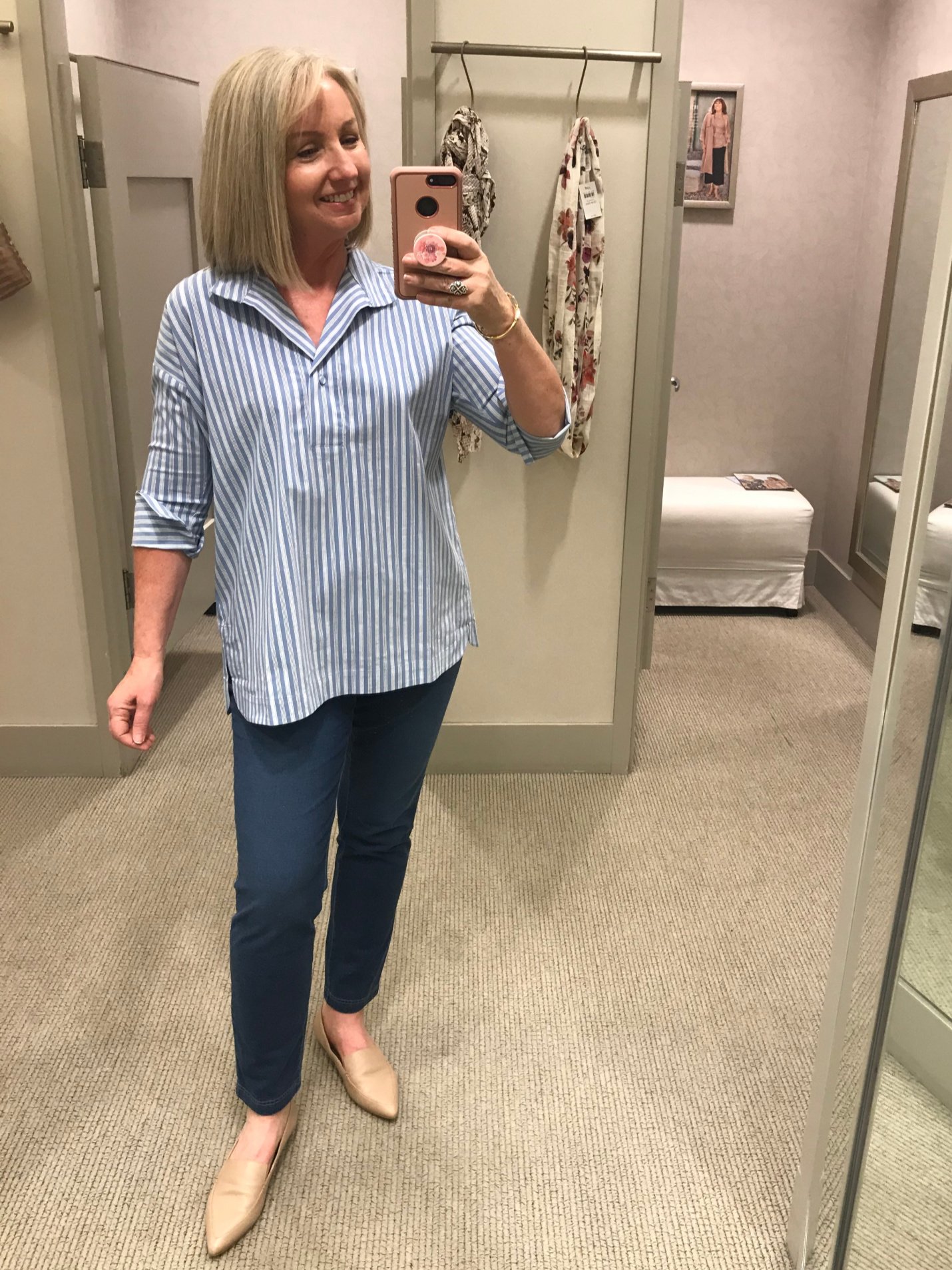 J Jill Shirt Womens Medium Blue White Striped Short Sleeve TShirt