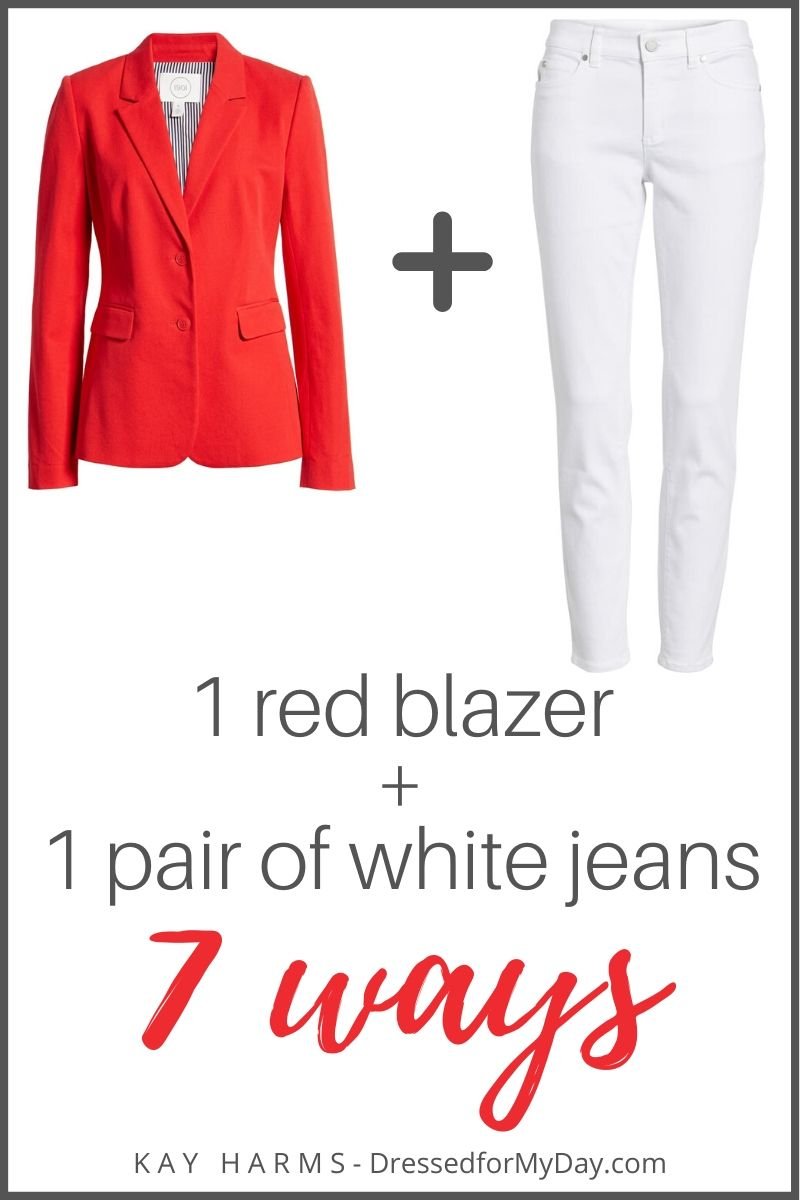 1 red blazer 1 pair of white jeans