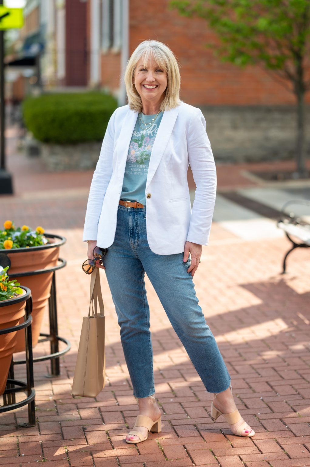 Spring Outfit with White Cotton-Linen Blend Blazer - Dressed for My Day