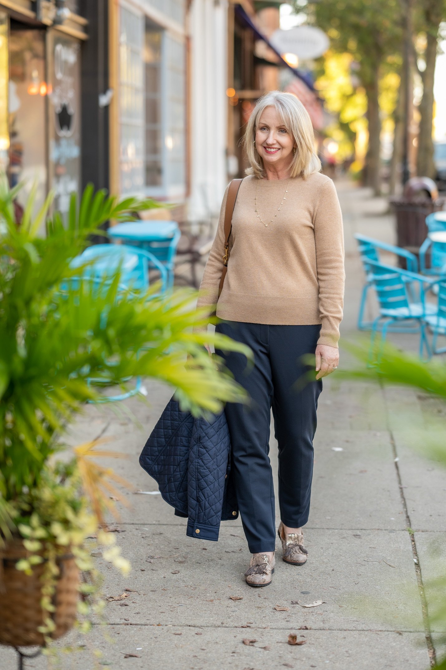 Camel Sweater with Navy for a Classic OUtfit