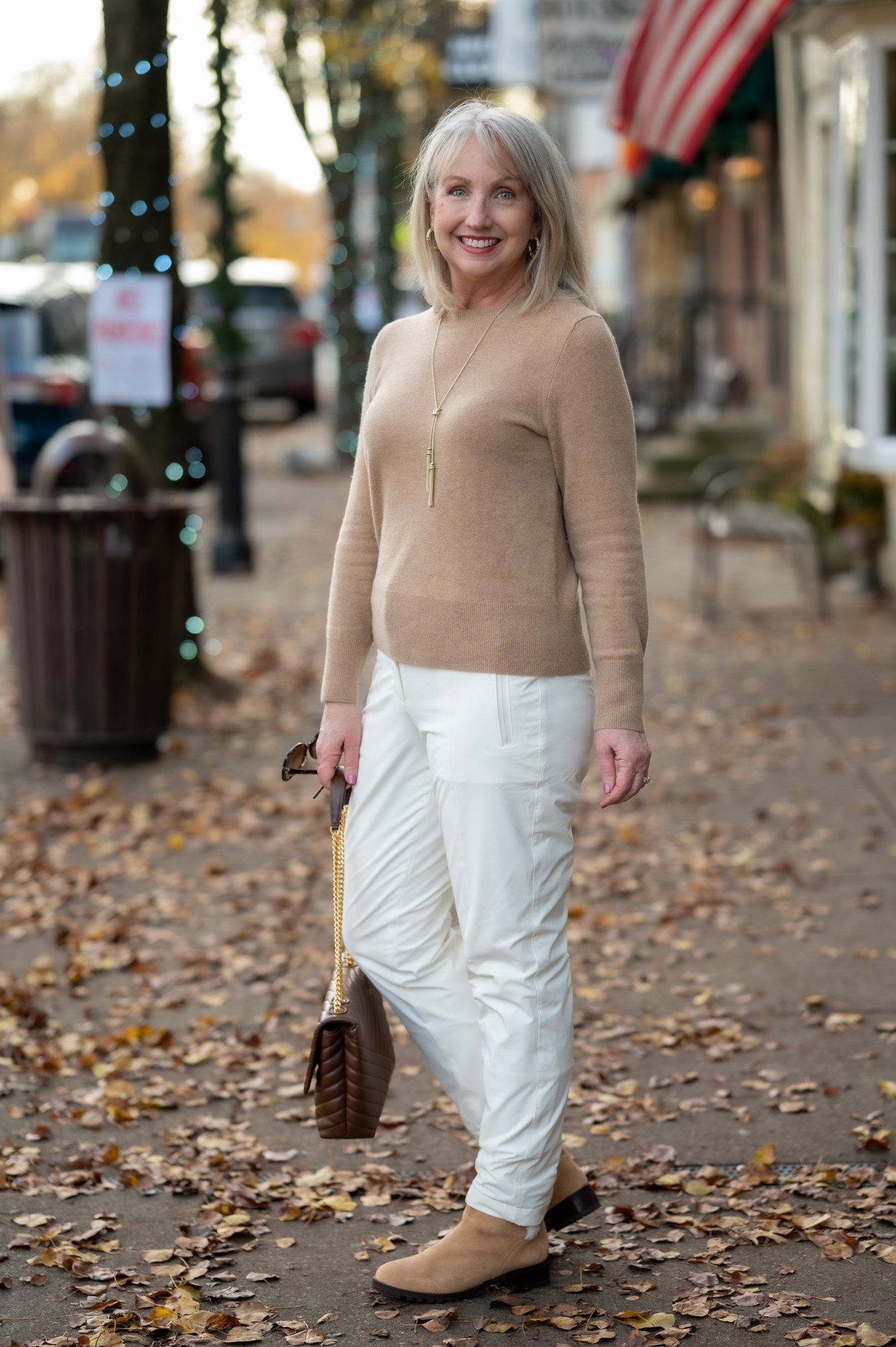 Ivory Fleece Lined Pants and Camel Sweater and Boots