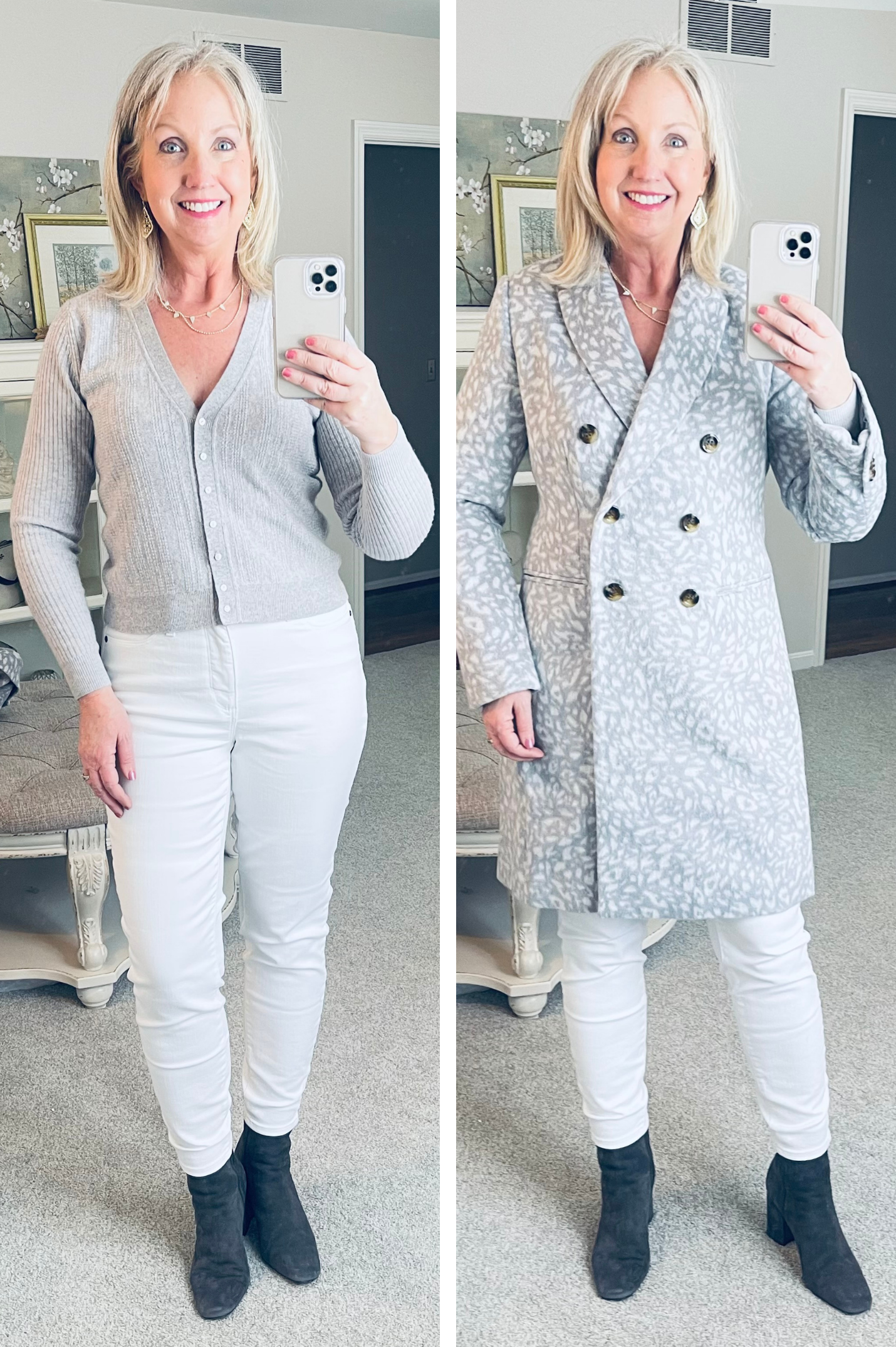Winter Try-On White Jeans Grey Sweater Coat