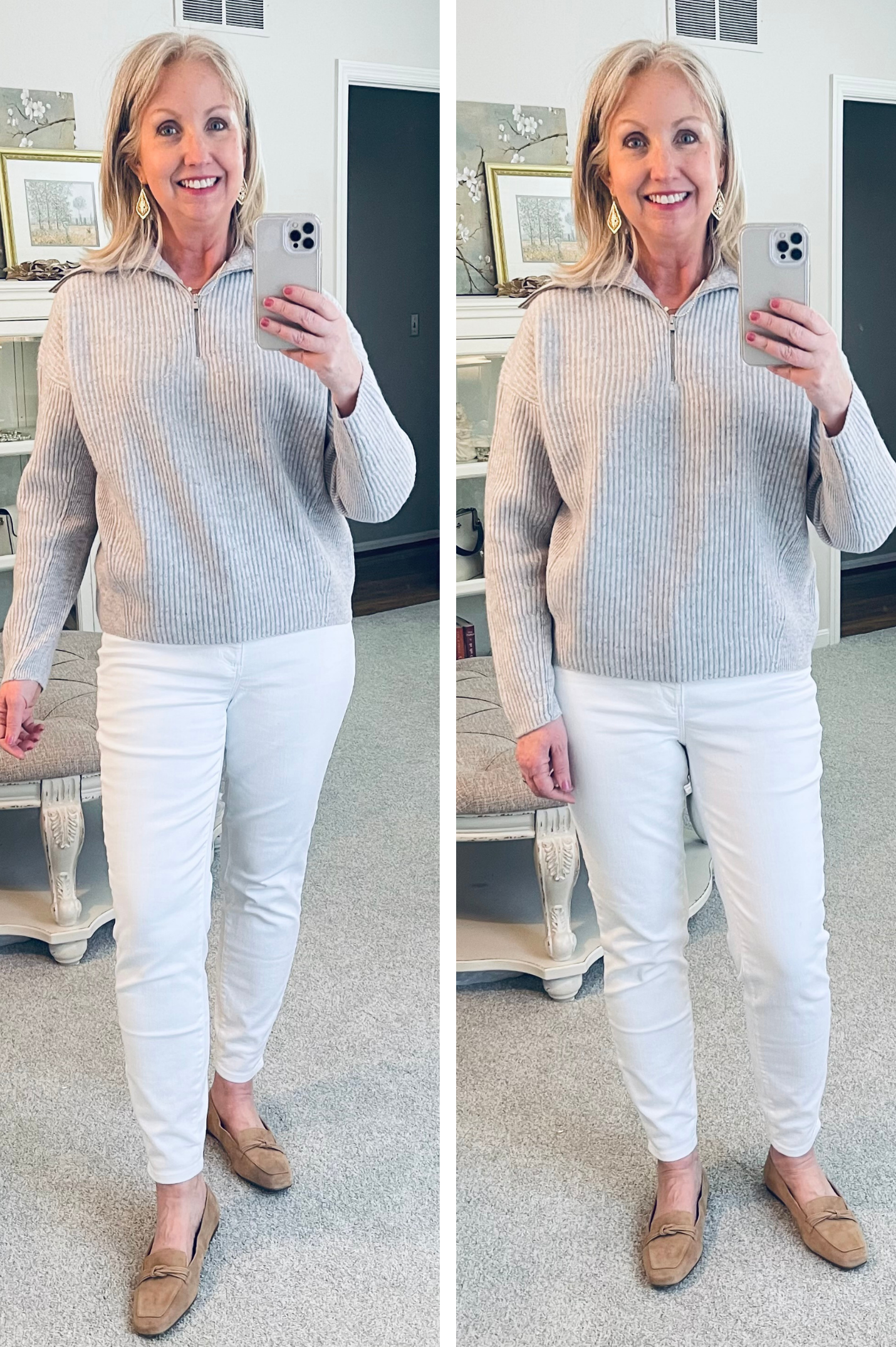 Winter Try-On White Jeans Grey Sweater