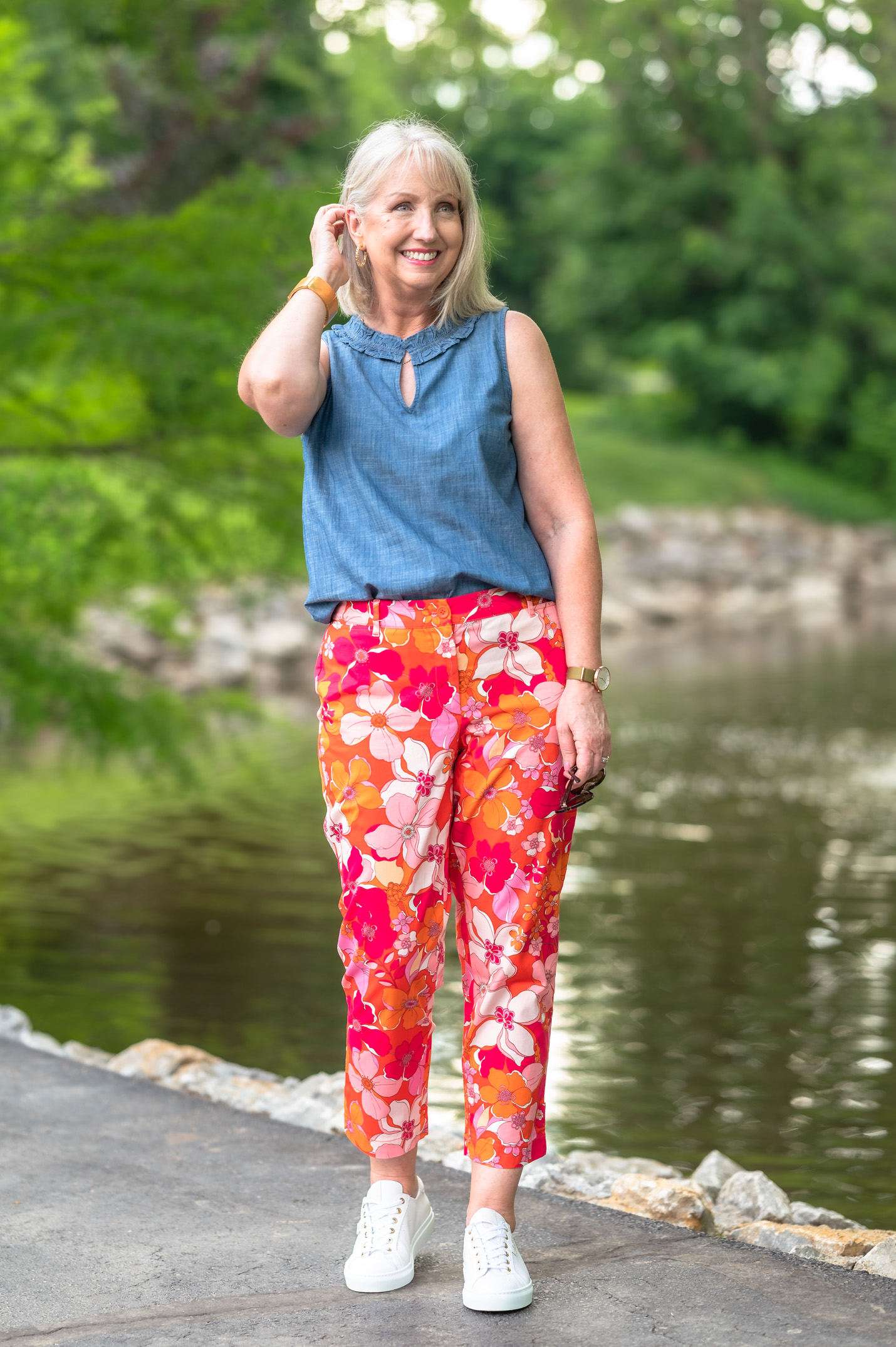 Floral Pants with Chambray Top