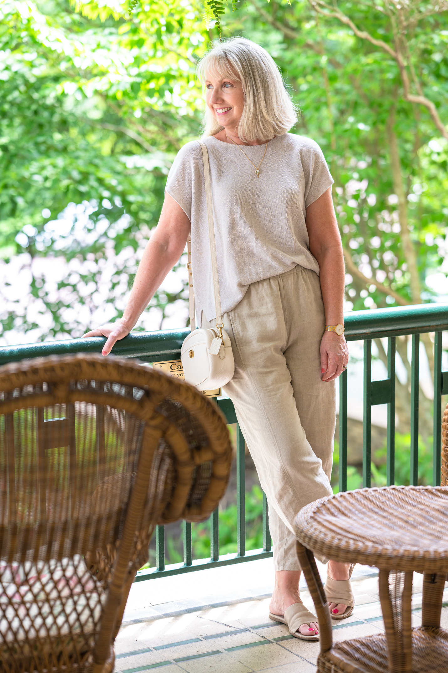 Coastal Grandmother outfit in muted tones