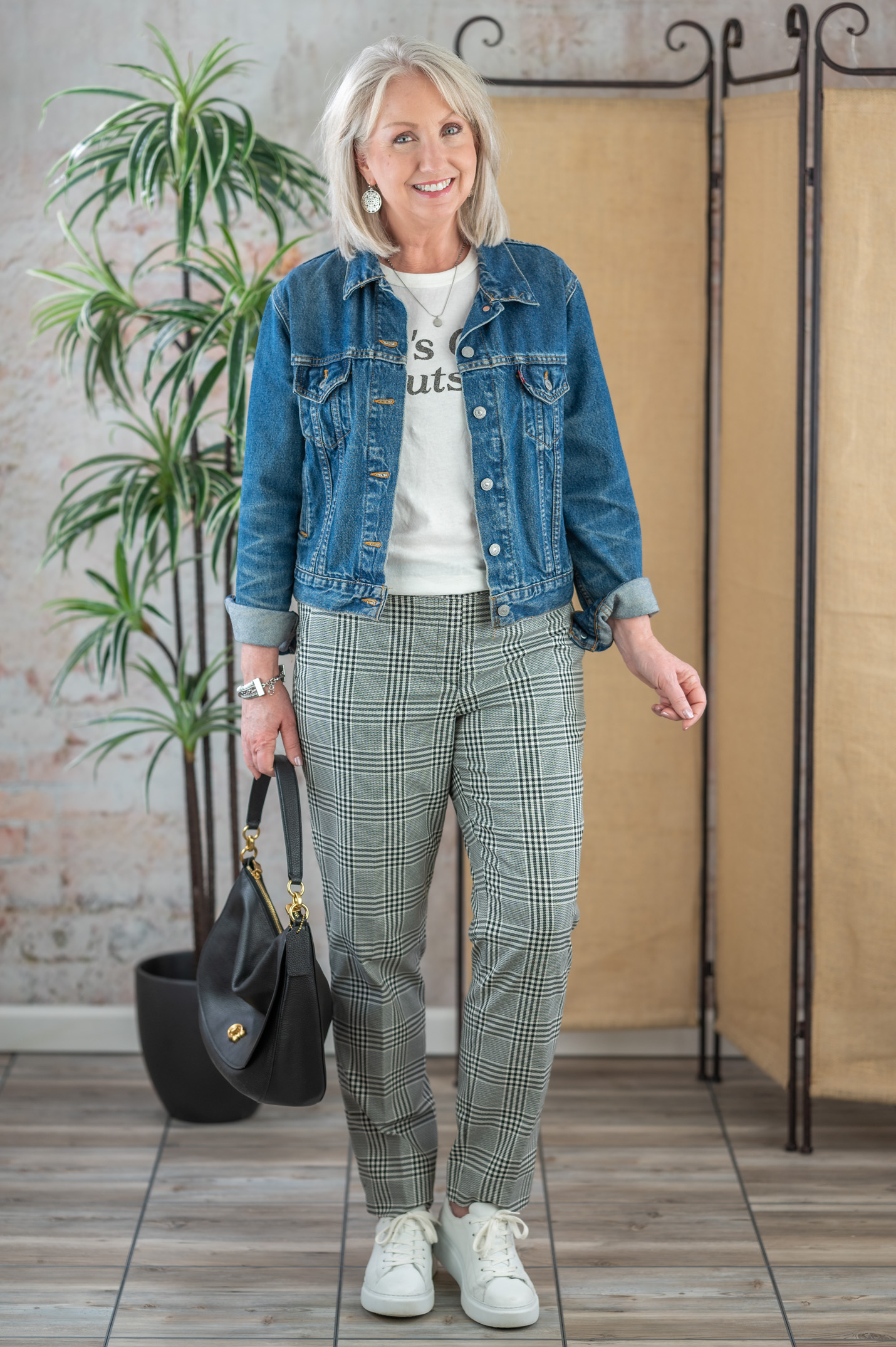 Graphic Tee & Jean Jacket with Glen Plaid Pants