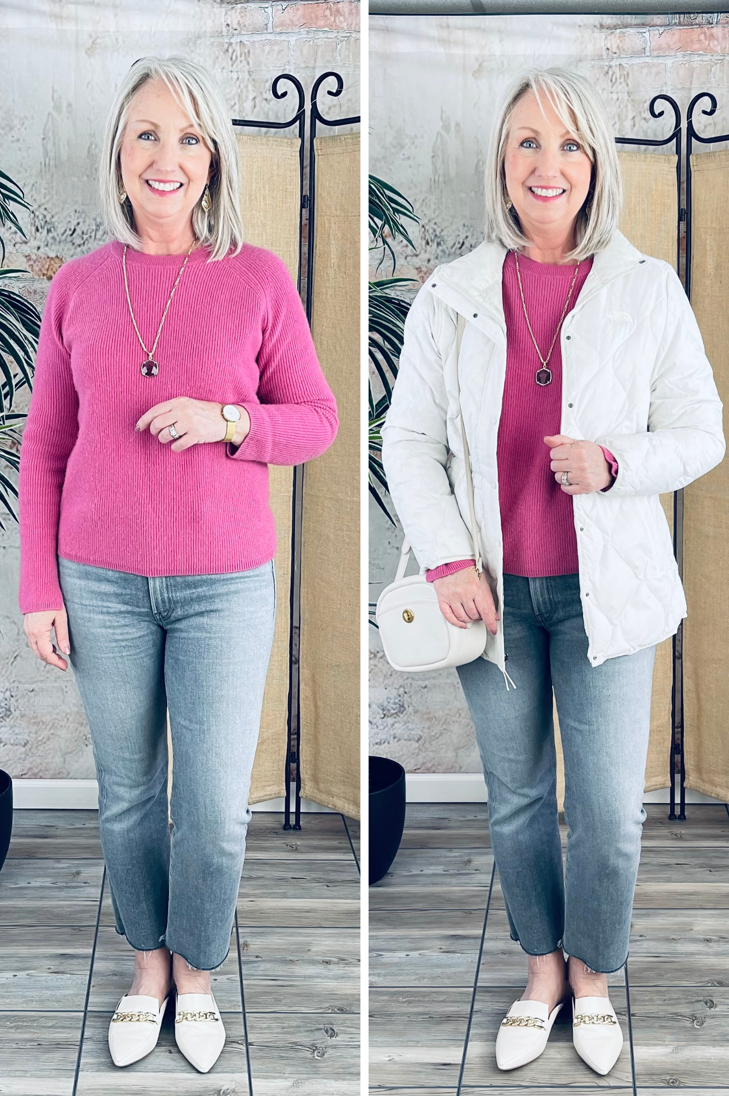 Pink Cashmere Sweater with Grey Jeans