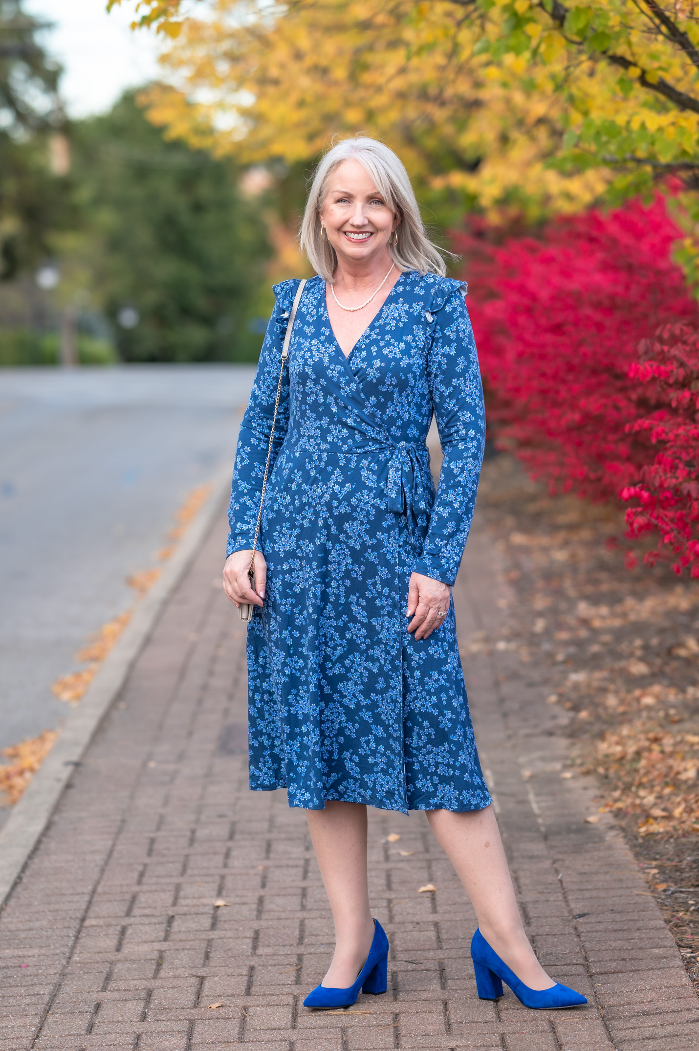 Blue Floral Midi Dress for Fall