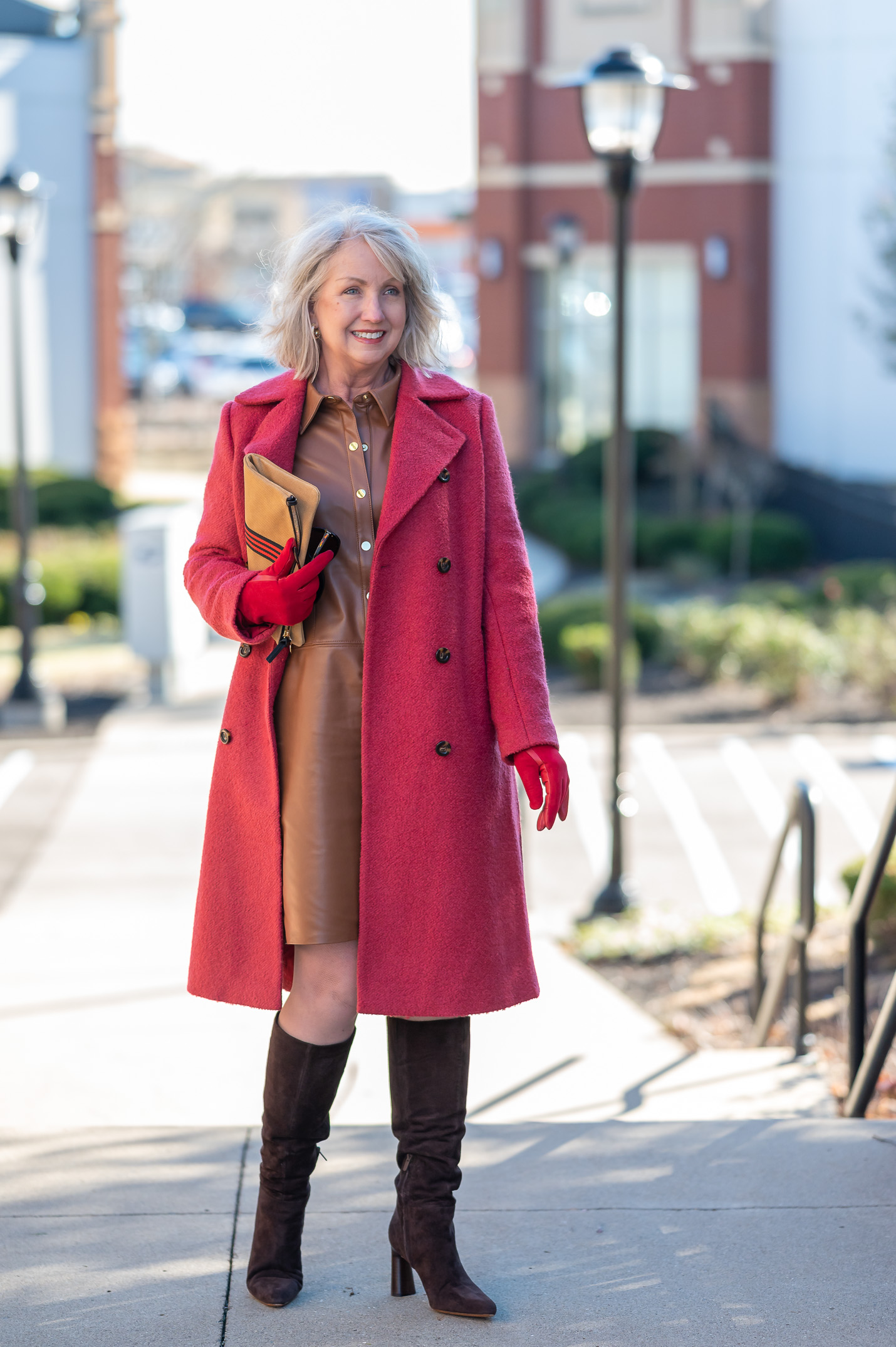 Faux Leather Dress & Red Wool Blend Coat
