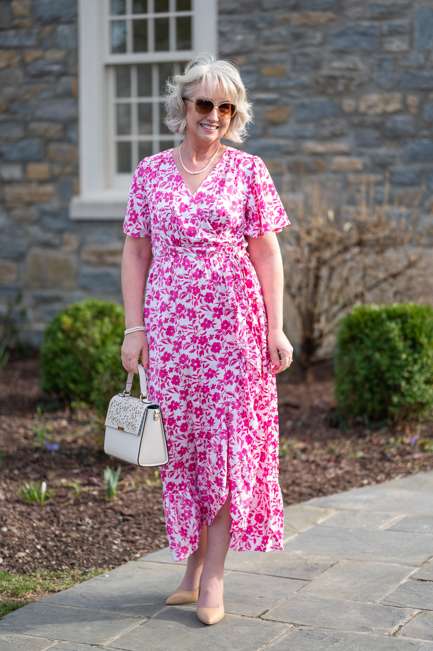 Pink and White Floral Dress for a Sacred Celebration