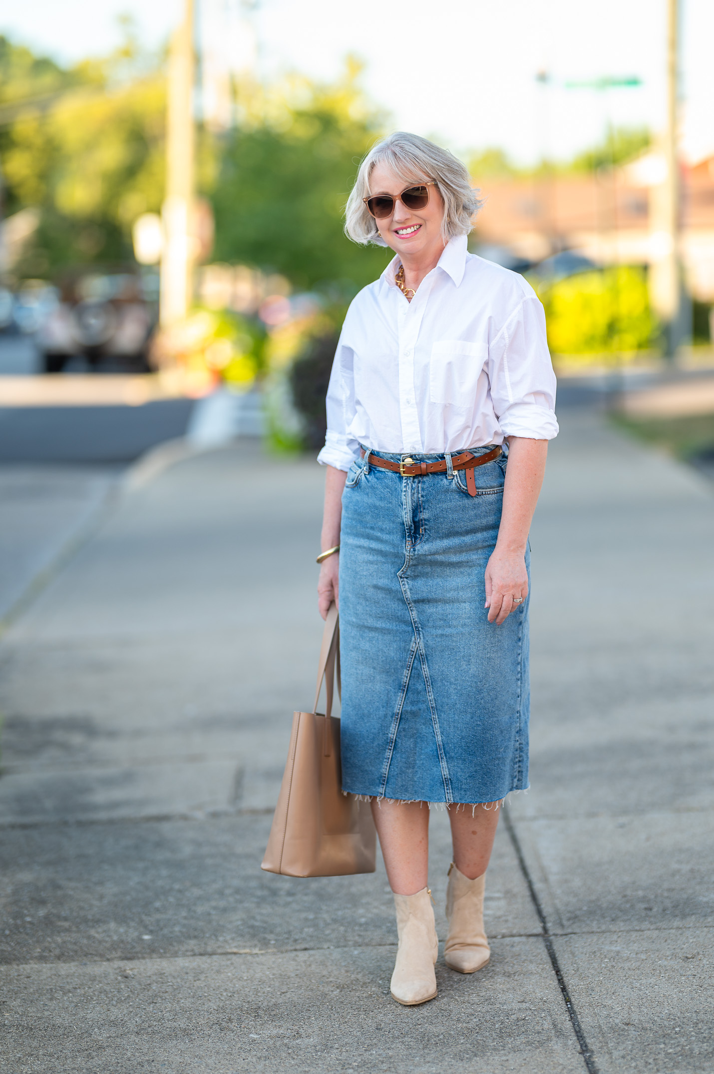 A Denim Skirt Outfit for Early Fall
