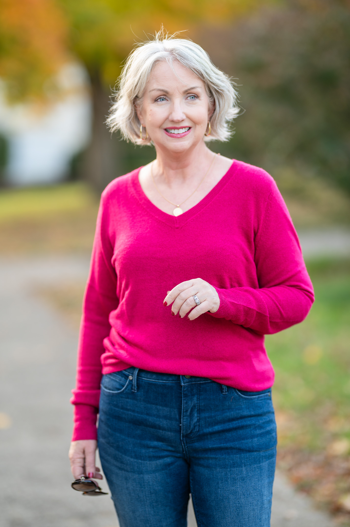 This super soft acrylic v-neck sweater comes in a huge selection of colors and some stripes. I love this berry color.
