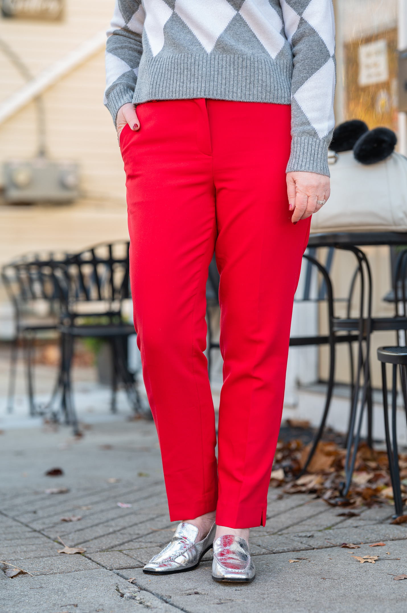 red  pants // silver loafers